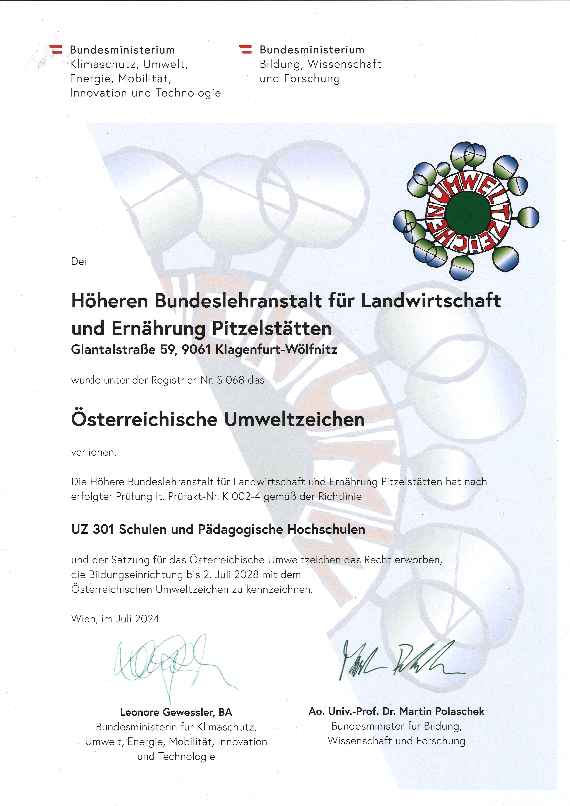 Umweltzeichen-Rezertifizierung an der HBLA Pitzelstätten