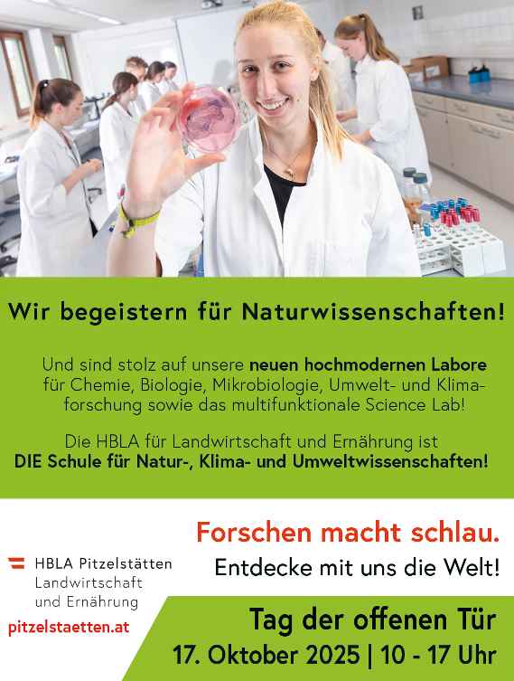 Tag der offenen Tür 2025 an der HBLA Pitzelstätten<br/>17. Oktober von 10-17 Uhr