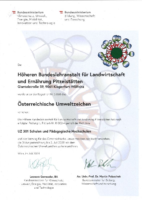 Umweltzeichen-Rezertifizierung an der HBLA Pitzelstätten